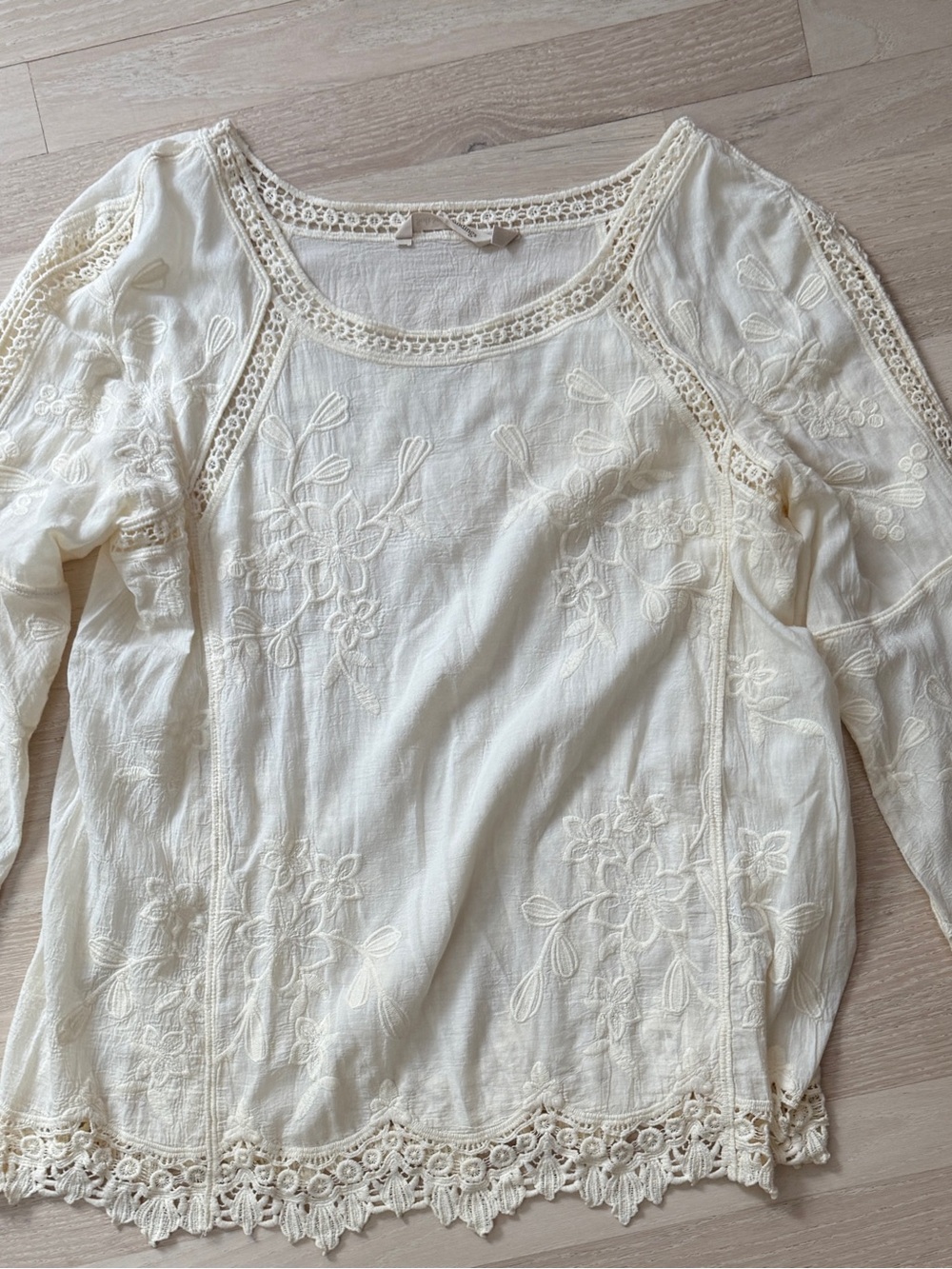 Soft Surroundings Cream Embroidered Lace-Trim Blouse